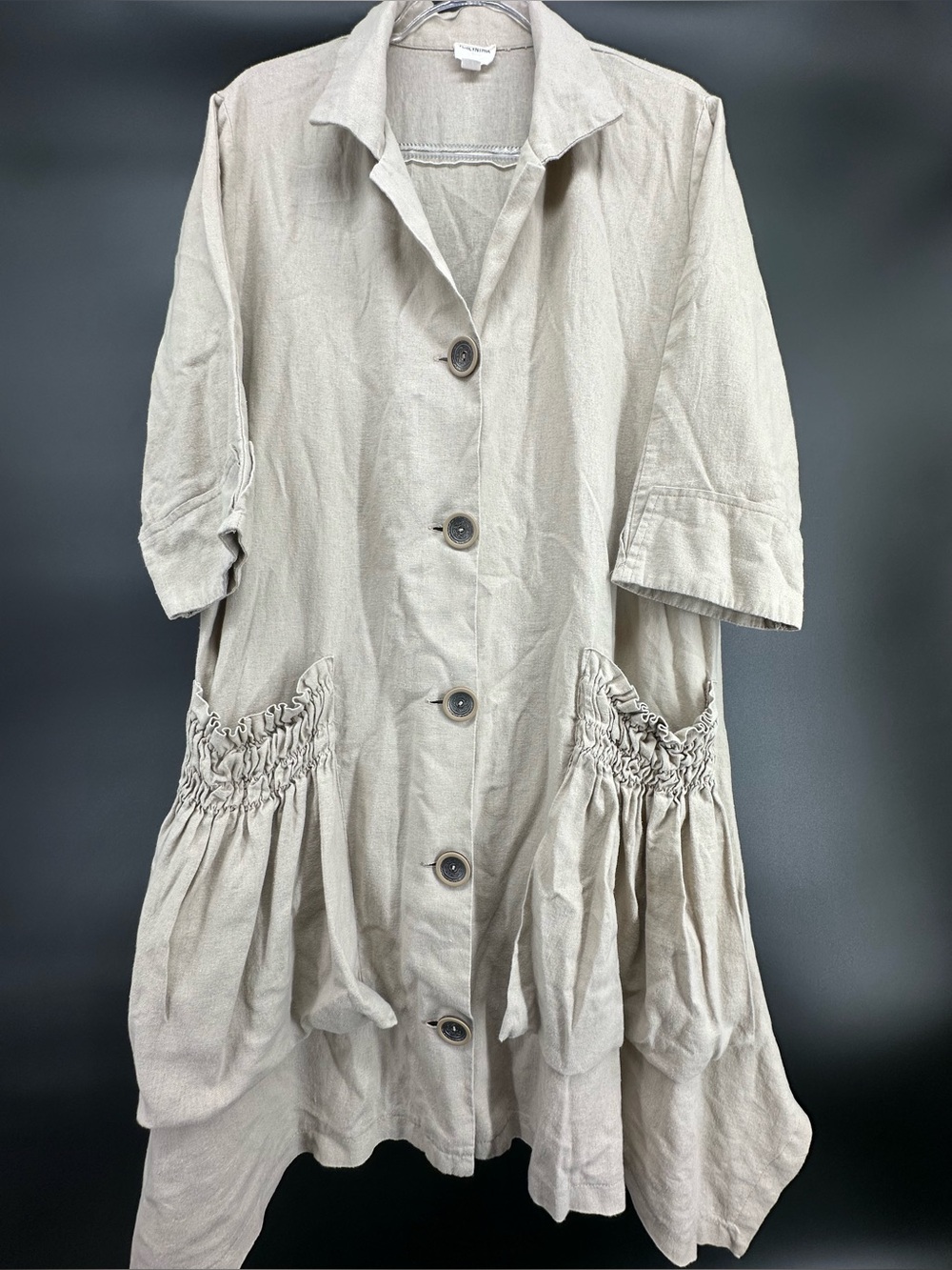 For Cynthia Linen Button Down Shirt Dress Ruffle smocked Pocket Tunic Lagenlook
